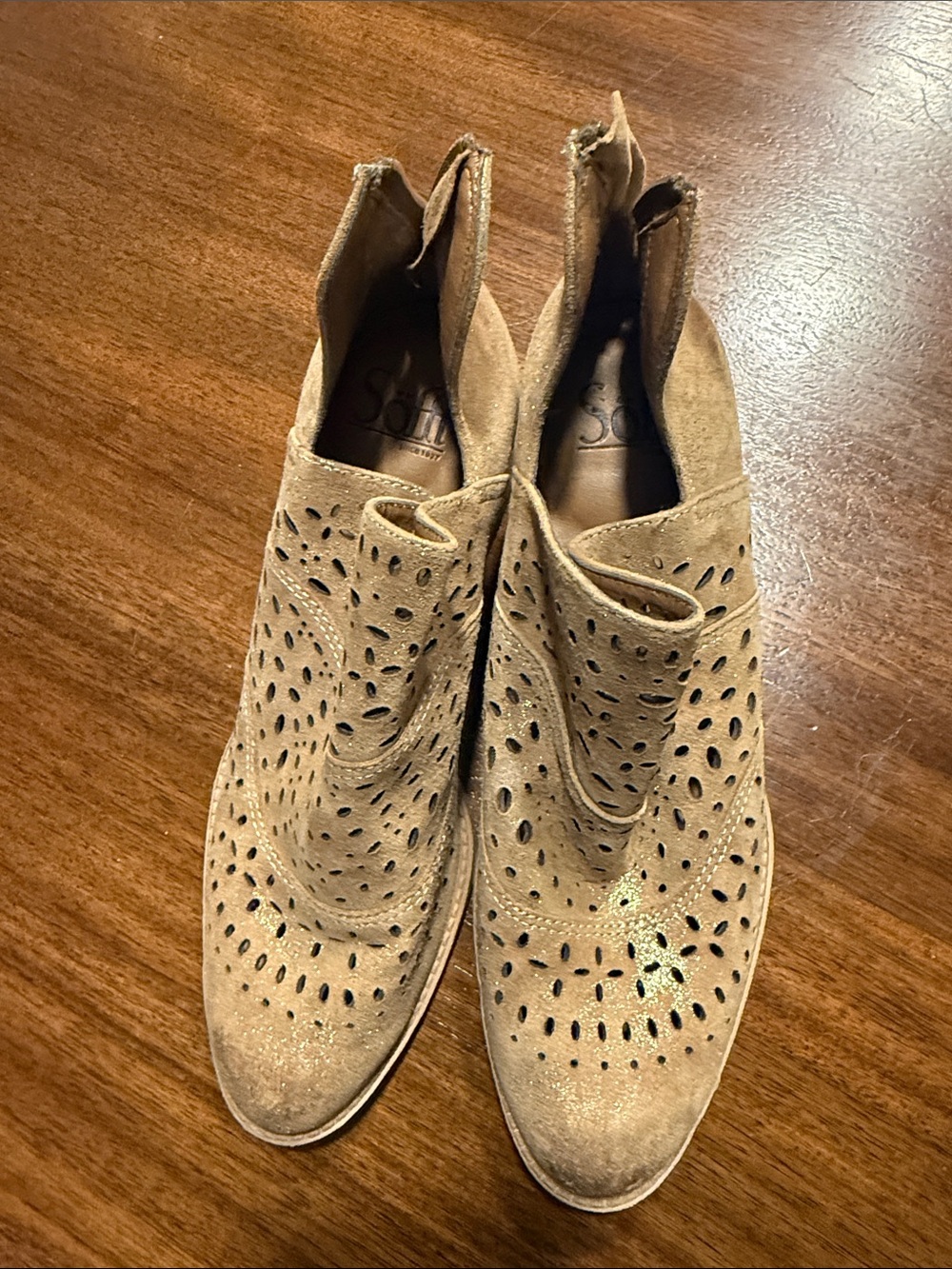 Sofft Tan Suede Perforated Slip-On Ankle Booties